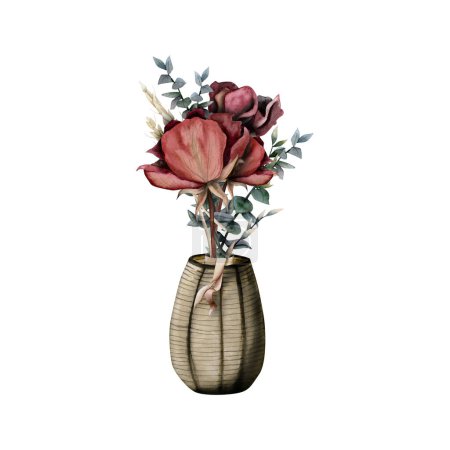Téléchargez les photos : Fleurs de roses bordeaux séchées, eucalyptus et bouquet de blé avec ruban en vase marron. Composition florale aquarelle sur fond blanc pour les dessins de mariage - en image libre de droit