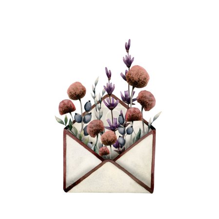 Foto de Acuarela flores secas en sobre vintage. Correo floral. Para diseños de tarjetas de agradecimiento, invitaciones weedding, tarjetas del día de San Valentín - Imagen libre de derechos