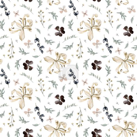 Foto de Lirios secos, eucalipto, hojas diferentes patrón sin costuras. Flores de lirio blanco, ramas con flores para ropa de cama, telas - Imagen libre de derechos