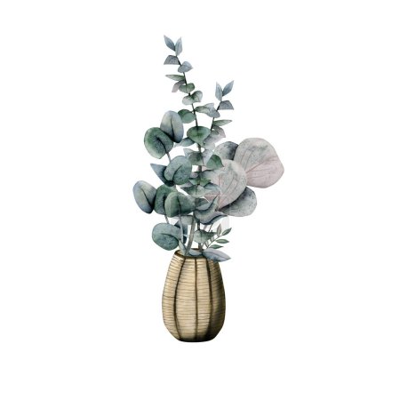 Foto de Ramillete de ramas de eucalipto acuarela en jarrón marrón aislado sobre fondo blanco. Ilustración floral para diseño, impresión, postales, tarjetas de agradecimiento - Imagen libre de derechos