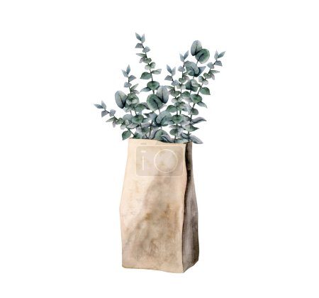 Foto de Bouquet de eucalipto acuarela en bolso eco marrón. Cuidado de residuos cero, ilustración de decoración ecológica aislada sobre fondo blanco - Imagen libre de derechos