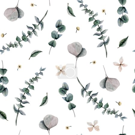 Foto de Ramas de eucalipto acuarela patrón sin costuras con ramas realistas, flores y hojas, fondo floral en blanco. - Imagen libre de derechos