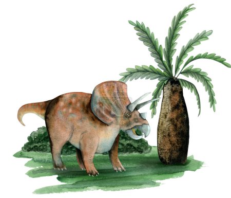 Photo for Triceratops dinosaur on prehistoric landscape watercolor illustration with palm tree, grass and bushes isolated on white background. Hand drawn detailed and realistic dino clipart for kids products. - Royalty Free Image