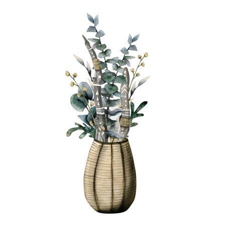 Téléchargez les photos : Composition aquarelle de vase brun avec des branches d'eucalyptus, des feuilles et des bâtons en bois éco isolés sur fond blanc. - en image libre de droit