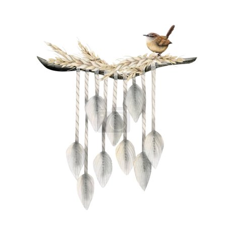 Téléchargez les photos : Aquarelle boho ethnique macramé mur suspendu décor tissé avec du blé et wren oiseau illustration isolé sur fond blanc - en image libre de droit