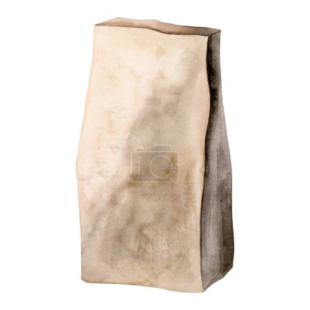 Téléchargez les photos : Epicerie sac en papier recyclé aquarelle illustration isolée sur fond blanc. Sac artisanal marron pour produits, nourriture ou fleurs. Clipart écologique. - en image libre de droit