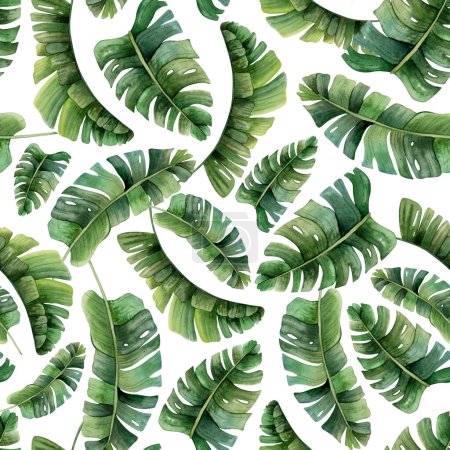 Photo for Tropical palm leaves watercolor seamless pattern on white background with green jungle plants. Hand drawn exotic nature for prints, fabric or wallpapers. - Royalty Free Image