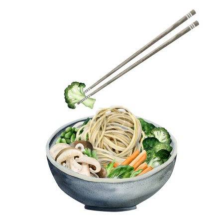 Téléchargez les photos : Bol avec des nouilles chinoises et des légumes aquarelle illustration. Baguettes alimentaires avec repas asiatique, brocoli, champignons, carotte, haricots - en image libre de droit
