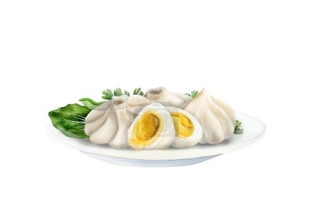 Photo for Traditional chinese dumplings Dim sum with eggs, pak choi and parsley on the plate. Hand drawn watercolor illustration of Asian food isolated on white background - Royalty Free Image