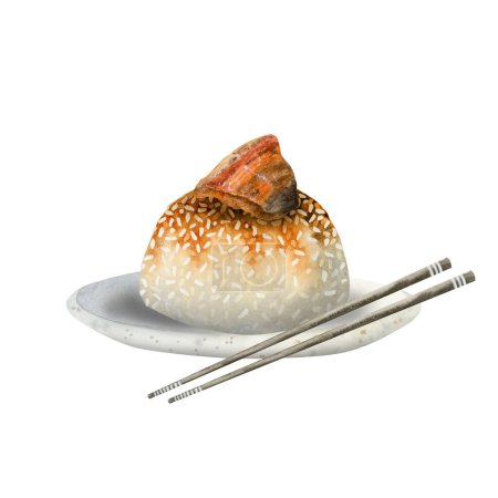 Téléchargez les photos : Aquarelle Illustration de la cuisine chinoise, riz avec tranche de viande de bœuf sur plaque en céramique avec baguettes, nourriture asiatique isolée sur fond blanc - en image libre de droit