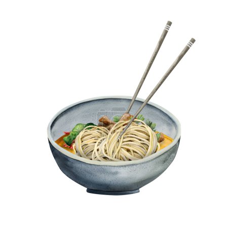 Téléchargez les photos : Bœuf ramen nouilles soupe dans un bol avec des baguettes, des morceaux de viande et des légumes. Illustration aquarelle de la nourriture chinoise asiatique - en image libre de droit