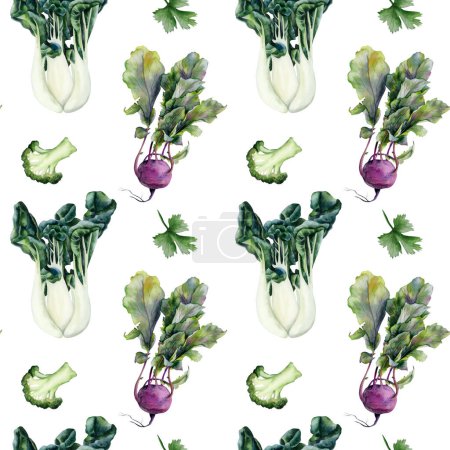 Foto de Kohlrabi, bok choy, col china, brócoli, patrón de acuarela de perejil sobre fondo blanco. Ilustración realista de alimentos en colores verde y púrpura - Imagen libre de derechos