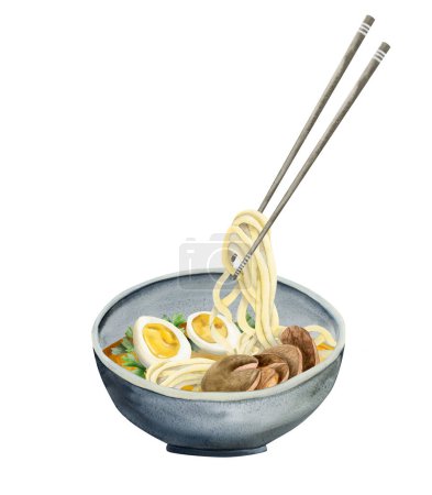 Téléchargez les photos : Nouilles ramen de boeuf soupe aux œufs, persil dans un bol. et des baguettes contenant des pâtes. Illustration aquarelle de nourriture asiatique. - en image libre de droit