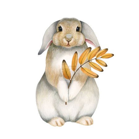 Foto de Ilustración de acuarela de lindo conejo gris esponjoso con hoja amarilla en patas aisladas sobre fondo blanco para carteles de vivero - Imagen libre de derechos