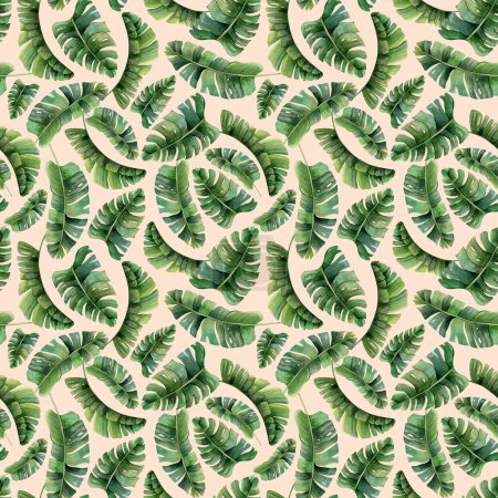 Téléchargez les photos : Feuilles de palmier tropicales dans la jungle motif aquarelle sans couture sur fond beige clair avec des plantes vertes de la forêt tropicale. Nature exotique dessinée à la main pour impressions, tissus ou fonds d'écran. - en image libre de droit