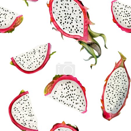 Photo for Pink dragon fruits seamless pattern with watercolor pitaya drawings on white background. Hand drawn illustration for summer menus, fabrics, tropical designs. - Royalty Free Image