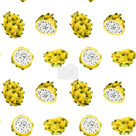 Photo for Yellow dragon fruits slices and whole pitaya seamless pattern on white background. Hand drawn illustration for summer menus, fabrics, tropical and exotic designs. - Royalty Free Image
