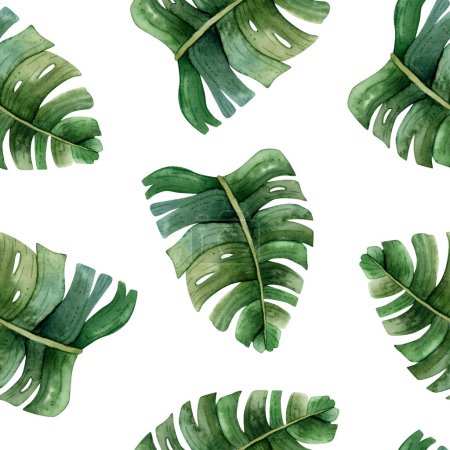 Photo for Green monstera leaves tropical watercolor seamless pattern on white background with jungle rainforest plants. Hand drawn exotic nature for prints, fabric or wallpapers. - Royalty Free Image