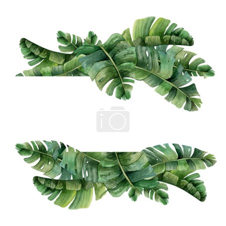 Photo for Watercolor green tropical horizontal banner template with palm leaves isolated on white background. Jungle monstera design for cards, wedding party invitations, save the date. - Royalty Free Image