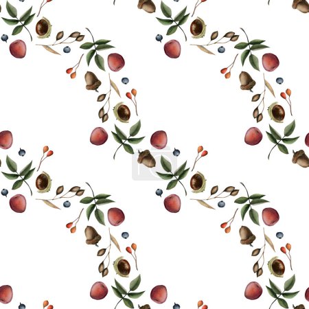 Photo for Watercolor diagonal seamless pattern with leaves, berries, acorns, chestnuts on white. Cute background for fabric, textile, wallpaper, gift paper - Royalty Free Image