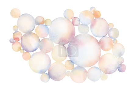 Foto de Burbujas de jabón de acuarela, aire submarino en suaves colores rosa anaranjados azules aislados sobre fondo blanco para diseños de vivero - Imagen libre de derechos