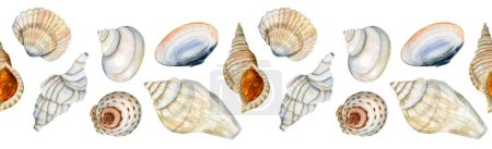 Photo for Watercolor seamless horizontal border with nautical seashells on white background in blue, orange, beige colors. - Royalty Free Image