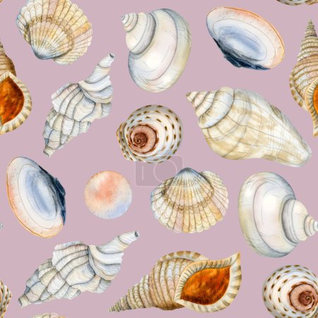 Photo for Seashells watercolor seamless pattern on dusty pink basckground with shells and pearls illustrations in blue, orange, beige colors for nursery designs - Royalty Free Image