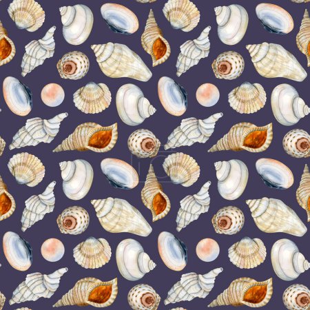 Foto de Acuarela náutica azul oscuro conchas marinas patrón sin costuras para la tela, diseño textil, cubiertas, papel de envolver en naranja beige - Imagen libre de derechos