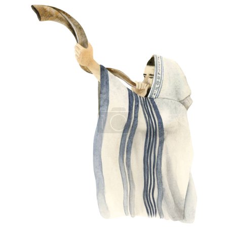 Shofar soplado por el hombre judío en talit en Yom Kippur y Rosh Hashaná vacaciones acuarela ilustración aislada sobre fondo blanco. Fiesta de las Trompetas.