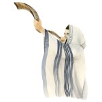 Shofar blowing by Jewish man in talit on Yom Kippur and Rosh Hashanah holidays watercolor illustration isolated on white background. Feast of Trumpets celebration.