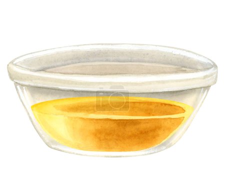 Photo for Yellow honey in glass bowl watercolor illustration isolated on white background. Cooking olive oil in deep plate clipart for cookbooks, recipes and kitchen designs. - Royalty Free Image