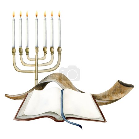 Photo for Yom Kippur greeting card template for Jewish holiday New Year, Rosh Hashanah with Torah book, menorah and shofar horn. Gmar hatimah tovah watercolor illustration isolated on white background. - Royalty Free Image