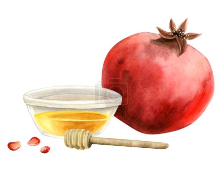 Photo for Pomegranate and honey in glass bowl with honey dipper spoon for Rosh Hashanah and Yom Kippur holidays. Jewish New year symbols watercolor illustration isolated on white background. - Royalty Free Image