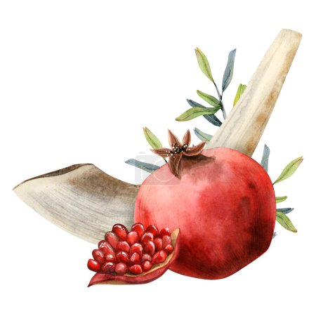 Photo for Pomegranate fruits with leaves and shofar ram horn for Jewish new year, Rosh Hashanah, Yom Kippur watercolor illustration isolated on white background. Best for invitation cards, gift package sticker. - Royalty Free Image
