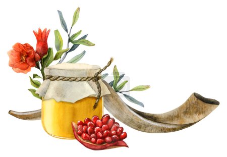 Foto de Feliz Rosh Hashaná saludo banner plantilla con tarro de miel, fruta de granada, flores y hojas, largo shofar cuerno acuarela ilustración aislada en blanco para el nuevo año judío y yom kippur. - Imagen libre de derechos