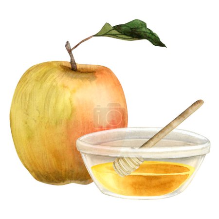 Photo for Yellow red apple and honey bowl with wooden dipper spoon watercolor illustration isolated on white background for Rosh Hashanah holiday. Jewish new year traditional food. - Royalty Free Image