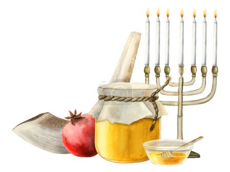 Photo for Rosh Hashanah symbols horizontal greeting banner with honey jar, menorah, shofar horn and pomegranate watercolor illustration isolated on white background. - Royalty Free Image