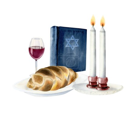 Shabbat Shalom watercolor composition for Jewish designs, Saturday eve symbols, challah, candles, Torah book and glass of red wine
