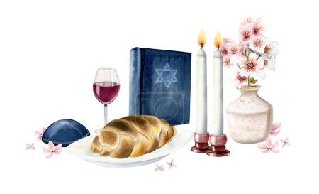 Watercolor Shabbat Shalom composition for Saturday greetings with challah, candles, Torah book, kipah, glass of red wine and flowers