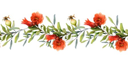 Photo for Pomegranate branches with red flowers blossom and young fruits watercolor horizontal seamless banner. Botanical illustration for Rosh Hashanah, natural cosmetic w2eb sites. - Royalty Free Image