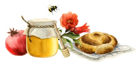 Shanah Tovah Rosh Hashanah symbols horizontal greeting banner with honey jar, round challah and pomegranate fruit and flowers watercolor illustration isolated on white background for Jewish New Year.