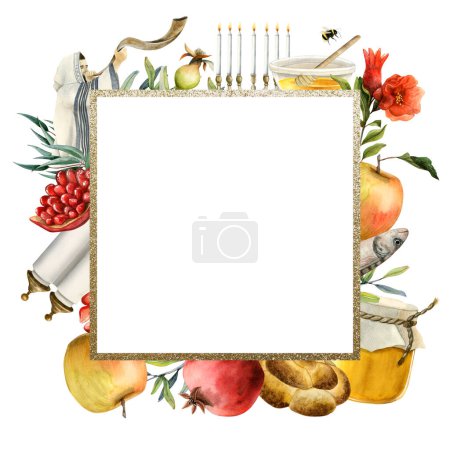 Photo for Rosh Hashanah square greeting card template watercolor illustration isolated on white background for Jewish New year. Shana tova template frame with copyspace, pomegranates, honey, holiday symbols. - Royalty Free Image