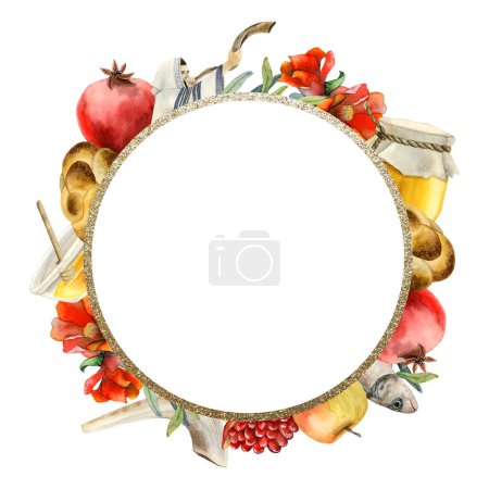 Photo for Rosh Hashanah round greeting card template with copyspace watercolor illustration isolated on white background for Jewish New year. Shana tova symbols frame with pomegranates, honey, challah. - Royalty Free Image