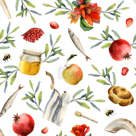 Téléchargez les photos : Rosh hashanah aquarelle motif sans couture sur fond blanc pour le nouvel an juif emballage cadeau et salutations dessins avec grenades, miel, pommes, soufflage shofar, fleurs, Xoah. - en image libre de droit