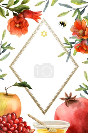 Téléchargez les photos : Rosh Hashanah modèle de carte de vœux aquarelle illustration isolée sur fond blanc pour le Nouvel An juif. Combinaisons pour format A6. Copyspace, grenade, miel, pomme, étoile de David et fleurs rouges - en image libre de droit