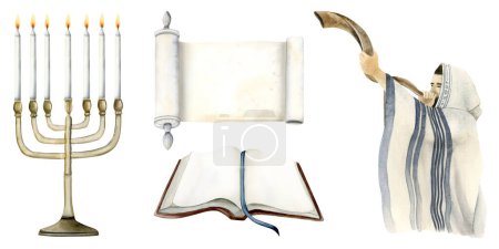 Photo for Yom Kippur watercolor illustration set for Day of Atonement with Jewish man blowing shofar horn, Torah book and scroll, menorah with candles isolated on white background. - Royalty Free Image
