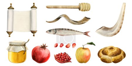 Photo for Watercolor Rosh Hashanah illustration set, Shana Tova collection for Jewish New year isolated on white background. Honey, Torah scroll, round challah, shofar, pomegranate fruits and fish. - Royalty Free Image