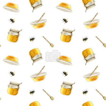 Foto de Patrón sin costura de miel de acuarela con frascos, cucharas de madera y abejas sobre fondo blanco para envolver papel, bolsas o textiles. - Imagen libre de derechos
