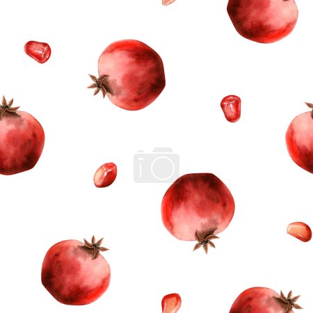 Photo for Simple pomegranates watercolor seamless pattern with bright red juicy fruits and seeds on white background. Botanical realistic illustration for wrapping paper, fabric, food products. - Royalty Free Image