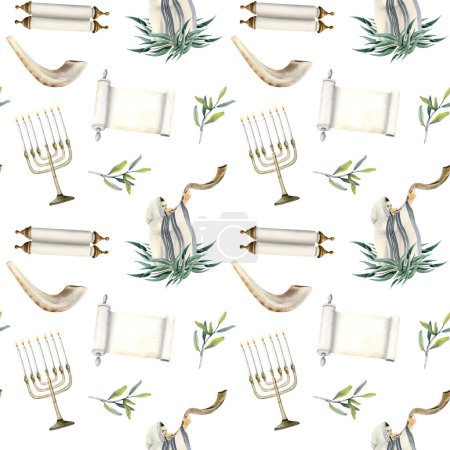 Foto de Judío Yom Kippur patrón sin costura con menorah, velas, hombre en tallit soplado shofar y Torá scroll sobre fondo blanco. - Imagen libre de derechos